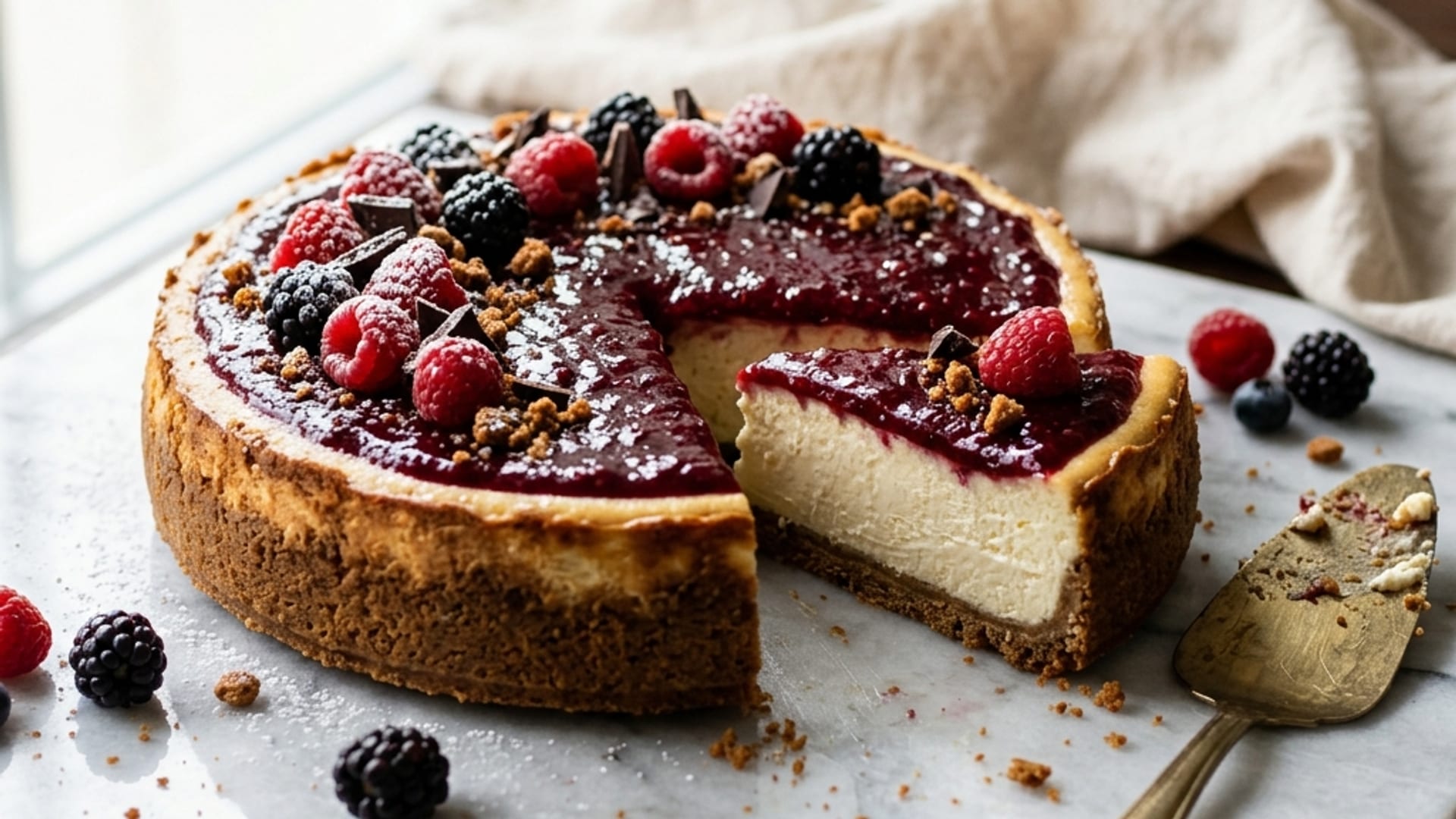 Cheesecake artizanal feliat pe marmură Calacatta, topping de fructe de pădure.